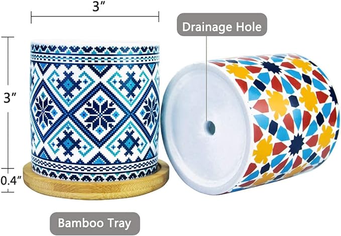 6 Pack Mandala Succulent Plant Pot with Bamboo Trays, Ceramic Multicolored Succulent Container Planter Pot for Small Plant