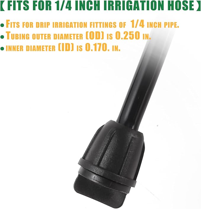 1/4 inch Drip Irrigation Fittings, Lock Barbed End Plugs for ¼ in. tubing; Tubing Outside Diameter (OD) is 0.250 in., Internal Diameter (ID) is 0.170. in.(25Pcs/Pack) (Black-End Cap)
