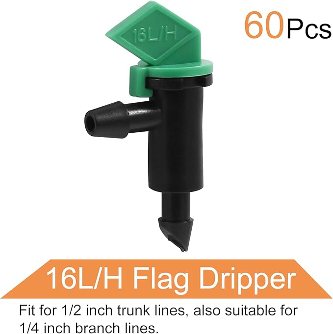 60 Pack 4GPH Drip Emitter Drip Emitters 16L/H Flag Irrigation Dripper for 4mm/7mm Hose for Garden Lawn, Green