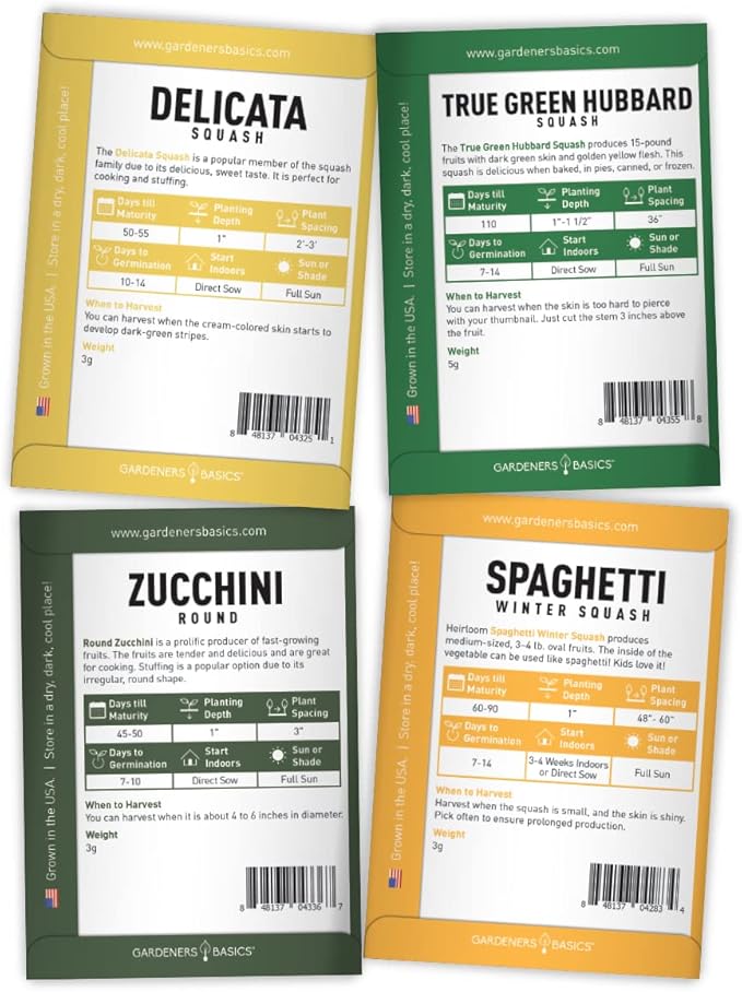 Gardeners Basics, 8 Squash Seeds for Planting Individual Packets - Zucchini, Delicata, Butternut, Spaghetti, Scallop, Caserta, Round and Hubbard for Your Non GMO Heirloom Vegetable Garden