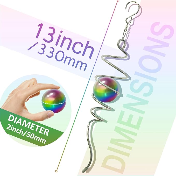 Multi Colors Gazing Ball Spiral Tail Wind Spinner,Decorative Wind Spinner 11inch Tail&2 inch Stainless Steel Orb.Indoor Outdoor Wind Spinner Tail Garden Decoration-13 inch Height