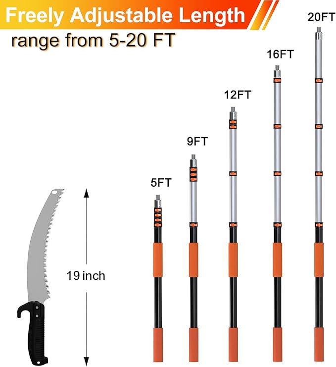 26FT Pole Saw, Telescoping Pole Saws for Tree Trimming, Extendable Tree Pruner for Backyard and Garden, Manual Pole Saw Tree Trimmer with 5-20FT Extension Pole