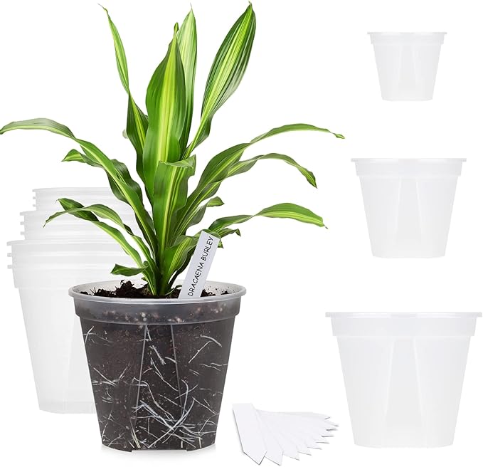 GREENPARA Transparent Plastic Planter 4/5 /6 inch Plant Nursery Pots with Drainage Hole Indoor Modern Decorative Containers for Plants, Herb, Flowers, and Cactus with 10pcs Plant Labels, 12pcs
