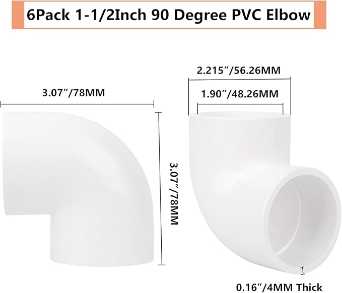 6Pack 1-1/2" 90 Degree Elbow PVC Pipe Fittings 2 Way Right Angle PVC Pipe Fitting, Furniture Build Grade SCH40 (Socket x Socket) 1.50" PVC Fitting Connectors for DIY PVC Shelf Garden Support Structure