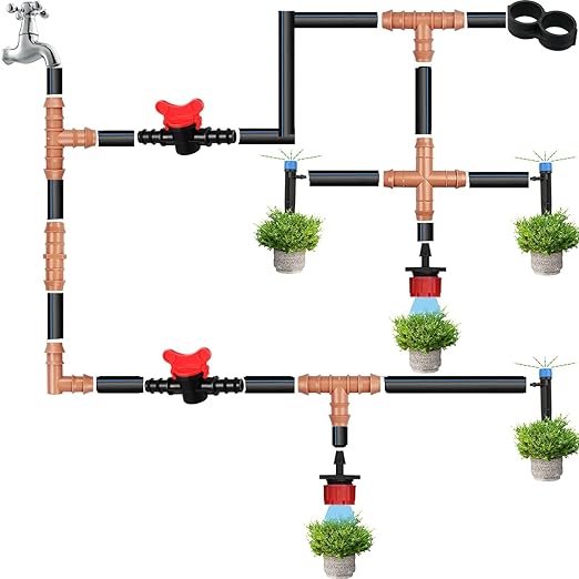 33 Pack Drip Irrigation Fittings Kit for 1/2" Tubing - 1 Switch Valve, 8 Tees, 8 Couplings, 8 Elbows and 8 End Cap Plugs Barbed Connectors for Drip Sprinkler Systems, Garden, Patio, Lawn