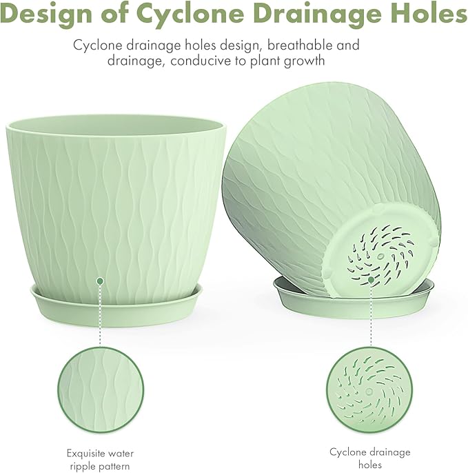 6 inch Plant pots, 12 Pack Modern Plastic Planters with Drainage Holes and Saucers for Repotting Indoor Plants and Flowers, Green