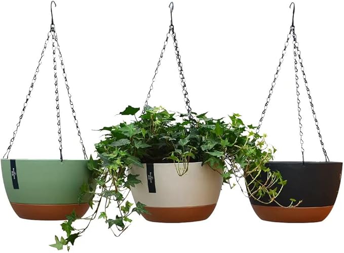 3 Pack Plastic Hanging Planters Set ,8.3 Inch Hanging Flower Plant Pot with Drainage Hole for Indoor Outdoor Plants, Round Hanging Basket with Removable tray for Home Garden Porch Balcony Patio Decor