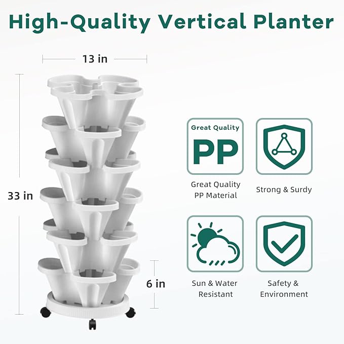 6 Tiered Strawberry Vertical Planters 2 Pack, Stacking Tower Garden with Support Pole, Stackable Herb Vegetable Planter Indoor Outdoor White