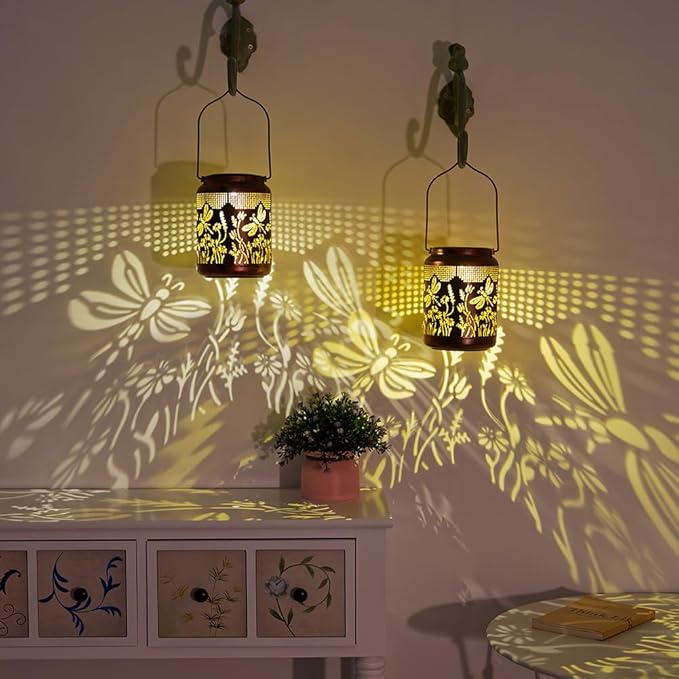 2 Pack Dragonfly Solar Lanterns Outdoor Waterproof 6.9" Metal Hanging Solar Lights Outdoor LED Light Dragonfly Decorative Lantern for Patio,Porch,Yard,Garden Decor,Birthday Gifts for Women Mom