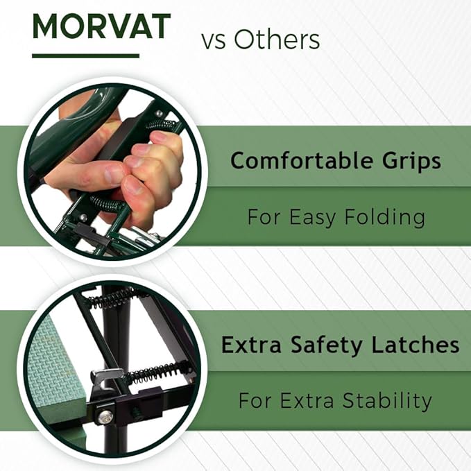 Morvat Garden Kneeler and Seat with Four Gardening Tools, Pair of Gloves + Two Side Pouches, Heavy Duty Metal & Thick Foam for Women Men Mom Seniors, Foldable Portable, Kneeling Pad with Safety Locks