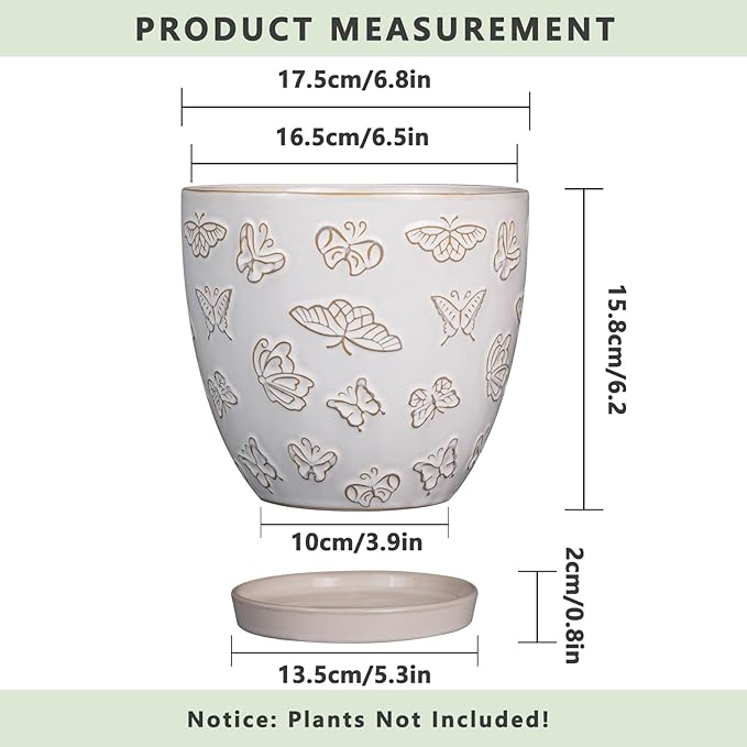 Ceramic Planter Pot - 6 Inch Plant Pot with Drainage Hole and Saucer, Succulent Round Flower Pot for Plants Indoor Outdoor, White