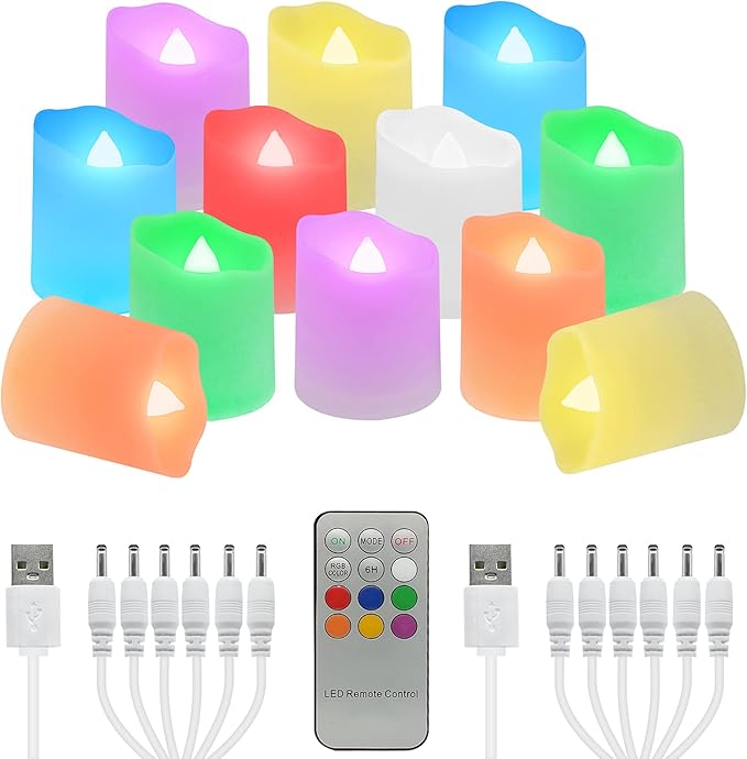 Flameless Tea Lights USB Recgargeable Candles, 12 Pack teaLights Candle Color Changing Flickering for Halloween, Garden, Home, Christmas Decorations