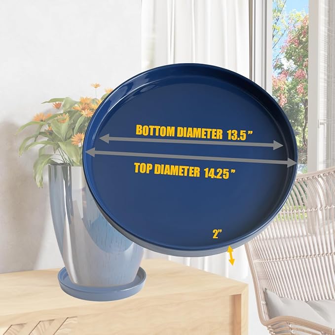 Ceramic Plant Saucer Blue Deep Pot Tray - 1 Pack 15 inch, Planter Saucers Water Drip Trays for Indoors Outdoor, Thick Durable Sturdy Flower Pot Saucers for Glazing Pots Base, More Sizes 3-15 inch