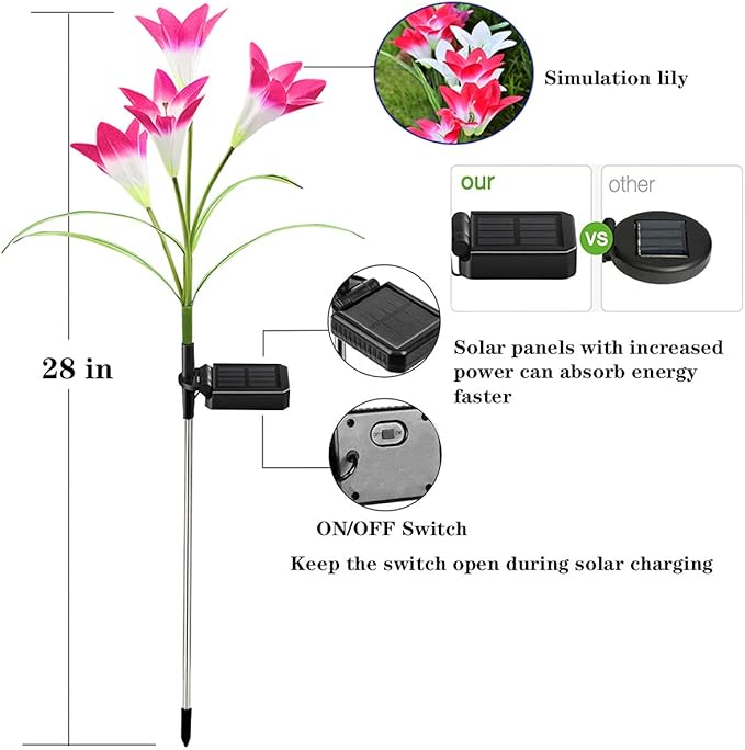 Solar Flowers - 5 Pack Lily Lights, 20 Flowers Lilies Outdoor Waterproof, Color Changing Garden Lights for Lawn, Yard Decoration
