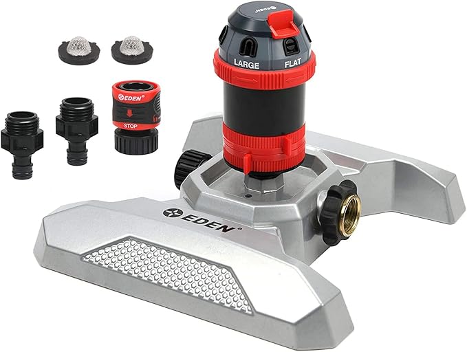 Eden Metal Adjustable 6-Pattern Mobile Rotary Gear Drive Garden Sprinkler Bundle with Flexzilla Garden Hose