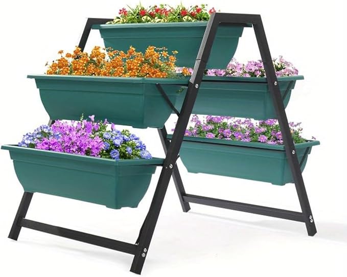 Generic Raised Garden Planter Bed, 5 Tiered Boxes, Vertical Stand for Herbs, Flowers, Vegetables, 65x91x79cm, Green, Green/Black