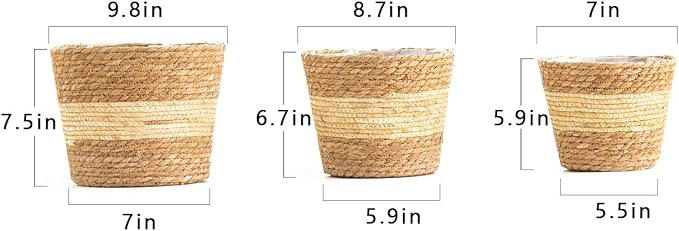 Plant Pots for Indoor Plants, Seagrass Plant Basket Flower Pots Cover, Plant Containers,9.8 inch,Beige&Brown, Set of 3