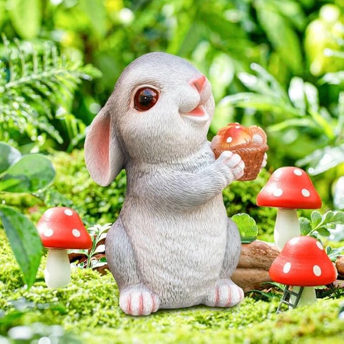 Solar Rabbit Garden Statues Outdoor Bunny Decor Resin Rabbit Figurine Holding Mushroom with LED Lights for Porch Patio Lawn Yard Christmas Housewarming Gardening Gifts for Mom Grandma