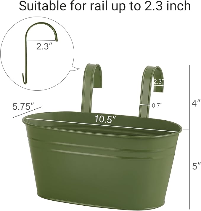 Dahey Metal Iron Hanging Flower Pots for Railing Fence Hanging Bucket Pots Countryside Style Outdoor Planter Window Flower Plant Holder with Detachable Hooks Home Decor,Green,3 Pcs