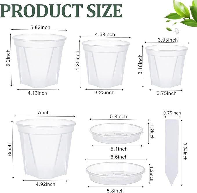 32 Pcs Plastic Pots for Plants with Trays 4/5/6/7 inch Clear Nursery Pots with Drainage Holes and Saucers, Planter Pots for Indoor Outdoor Seedlings Starter Plants,100 pcs Plant Labels,16-Set