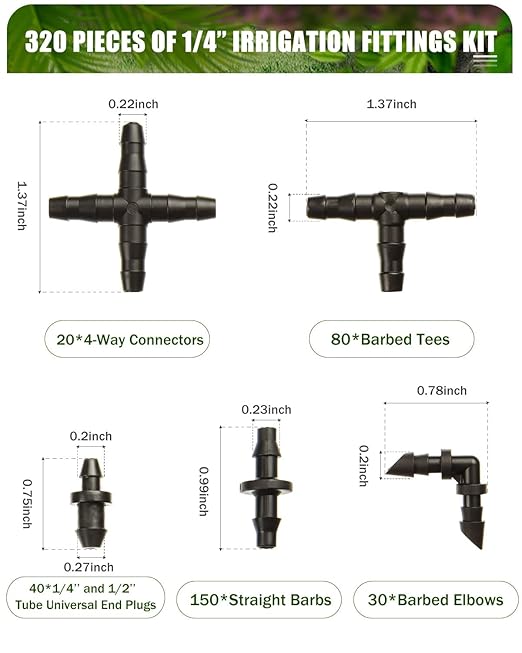 320 Pcs Drip Irrigation Fittings Kits for 1/4" Tubing, Drip Irrigation Barbed Connectors, Drip Line Connectors for Drip Systems(4-Way Coupling, Tee, Elbow, End Plug, Coupling)