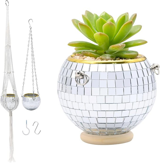 Disco Ball Planter, 4" Silver Disco Ball Planter, Disco Ball Plant Hanger with Hanging Rope, Hanging Chain, Hook, Circle and Extra Mirror Pieces (4" Silver, 1pcs)