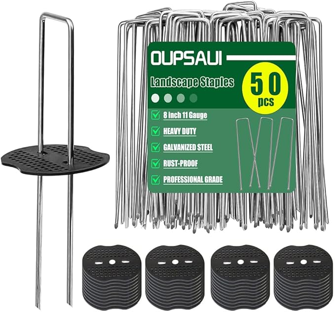 8 Inch 11 Gauge Galvanized Landscape Staples Stakes with Gaskets for Decoration, 25/50/100pcs Garden Metal Stakes for Weed Barrier Fabric, Fence Stakes, Tent Stakes(8in,50pcs)