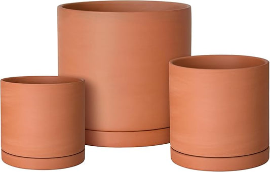 D'vine Dev Terracotta Pots for Plants, 5.3 Inch 6.5 Inch 7.8 Inch, Round Cylinder Planter Pot with Drainage and Saucer, 40-T-B-0