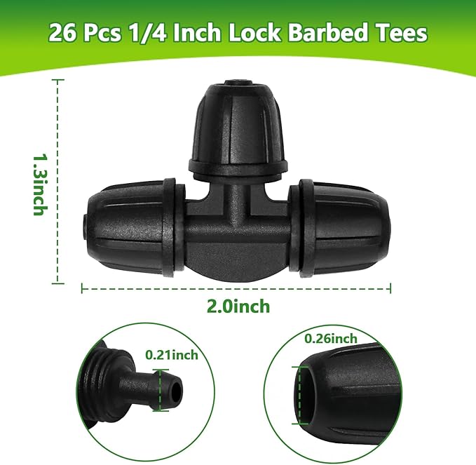 1/4" Drip Irrigation Fittings, 26 Pcs Lock Barbed Tee Connectors for 1/4 Inch Drip Irrigation Tubing Drip Line 3 Way T Parts with Lock Nut for Garden Lawn Drip Systems