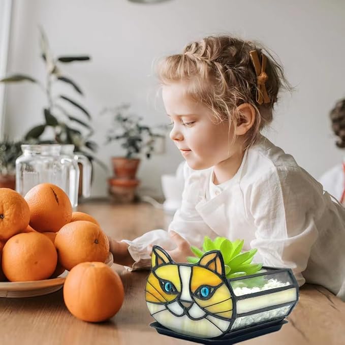 Stained Glass Yellow Cat Flower Pot,Small Succulent Planter for Indoor Plants,Cat Plant Decoration for Windowsill 4.33x3.54x2.95 in（Excluding Plants）