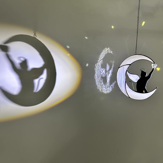 Stained Glass Suncatcher: Angel-Winged Cat Catching Butterfly on Moon - Memorial Gift for Cat Loss