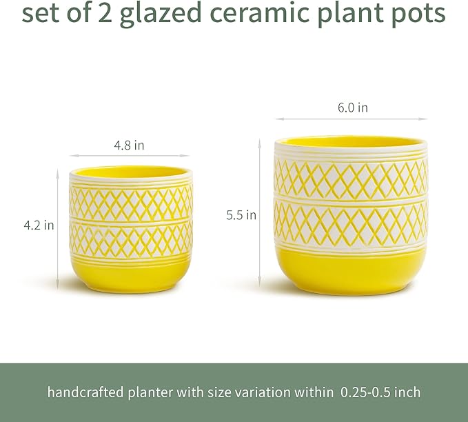 Ceramic Plant Pots, 6 + 4.7 inch Yellow Plant Pot, Flower Pots for Indoor Plants， Planter with Drainage Hole for Succulent Orchid Snake Plants Cactus