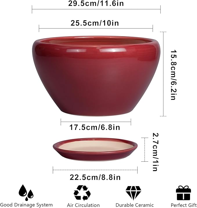 Ceramic Planter - 11 Inch Planter for Outdoor Plants Large Plant Pot Indoor with Drainage Hole and Saucer Round Modern Flower Pot Mid-Century Room Decor Red