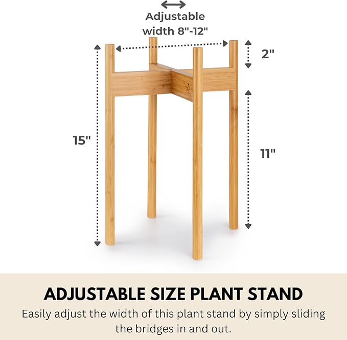 Fox & Fern Adjustable Tall Plant Stand Indoor — 8 to 12 Inch Mid Century Bamboo Plant Stand with Adjustable Width; Plug In Design; Easy to Assemble; Two Height Options - For 8, 9, 10, 11 & 12 In Pots