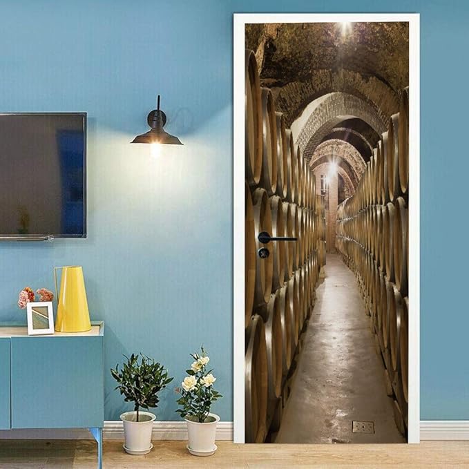 3D Door Stickers Murals - Peel & Stick Wine Cellar Theme - Removable PVC Waterproof Door Poster, 33.9" x 78.7" for Bedroom & Living Room