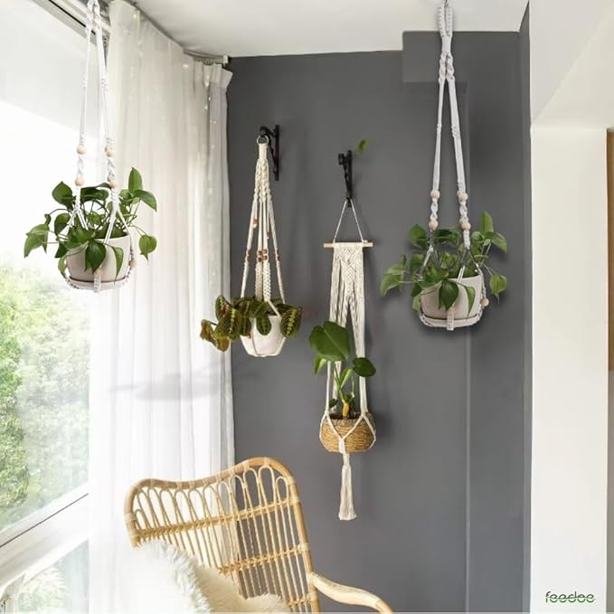 2 Pack Plant Hanger Indoor, Hanging Plant Holder, Macrame Plant Hangers, Handmade Boho Plant Hanger with Wood Beads, No Tassels Indoor Outdoor Flower Pots Holder, Home Décor Ivory (POTS NOT Included)