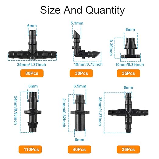 320PCS Drip Irrigation Parts, Barbed Connectors Drip Irrigation Fittings, Connect 1/4" Drip Irrigation Tubing, (End Plug,Elbows,Straight Barbs,Single Barbs,Tees, 4-Way Coupling) Drip Irrigation Kit