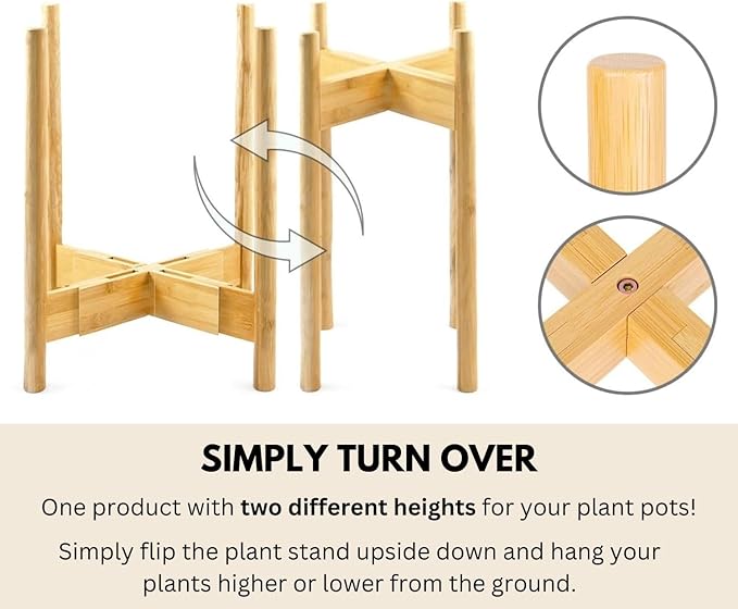 Fox & Fern Adjustable Tall Plant Stand Indoor — 8 to 12 Inch Mid Century Bamboo Plant Stand with Adjustable Width; Plug In Design; Easy to Assemble; Two Height Options - For 8, 9, 10, 11 & 12 In Pots