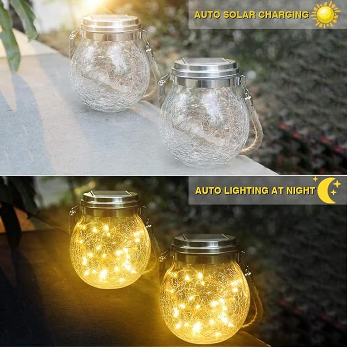 Solar Crackle Glass Hanging Lanterns, 5.5 in Height, IP65 Waterproof, 30 LED Lights, 2-Pack, Warm White