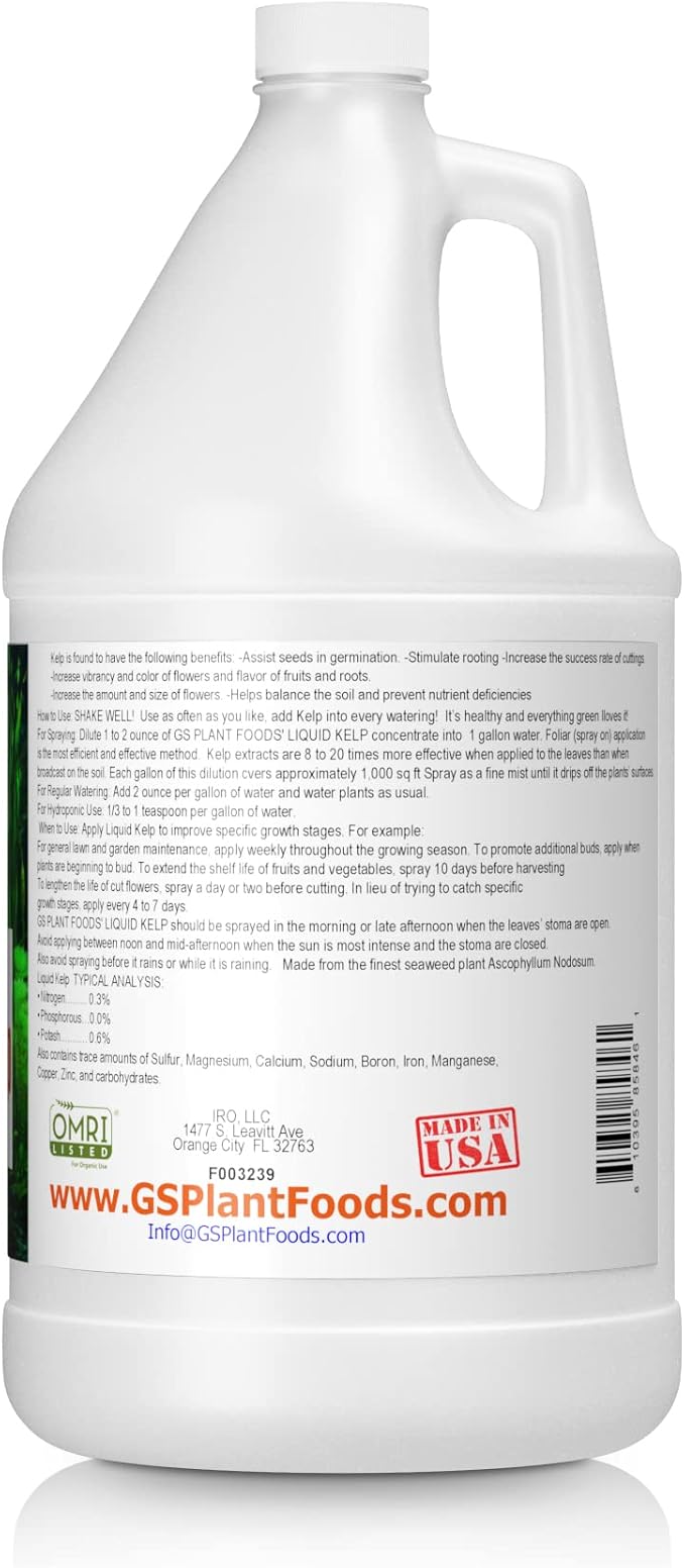 Organic Kelp Fertilizer by GS Plant Foods - Omri Listed(1 Gallon) - Liquid Kelp Concentrate for Gardens, Lawns & Soil Yields 800+ gallons