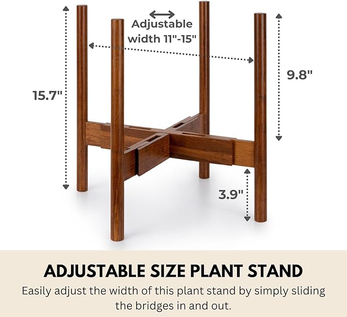 Fox & Fern Large Adjustable Plant Stand Indoor — 11 to 15 Inch Mid Century Bamboo Plant Stand; Plug In Design; Easy to Assemble; Two Height Options - For 11, 12, 13, 14 & 15 Inch Pots (Not Included)