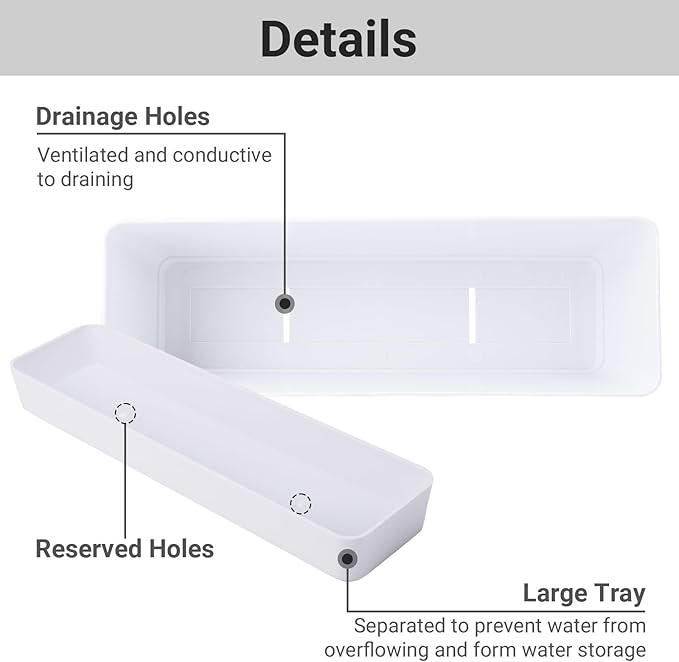 GREANER Herb Planter with Tray, 1 Pack 12x3.8 Inch Rectangle Window Box, Indoor Succulent Flowers Succulent Plastic Pot for Windowsill, Garden, Balcony, Office Outdoor Decoration - White