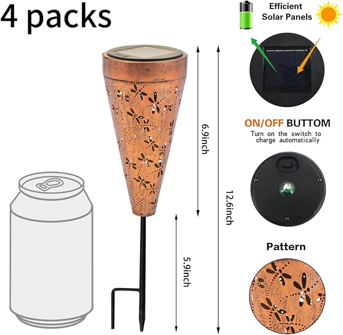 4 Pack Dragonfly Solar Garden Pathway Lights Outdoor,Metal Garden Decorations Outdoor Lights with Patterns and Warm Light,Waterproof Landscape Lighting for Path Patio Backyard Yard