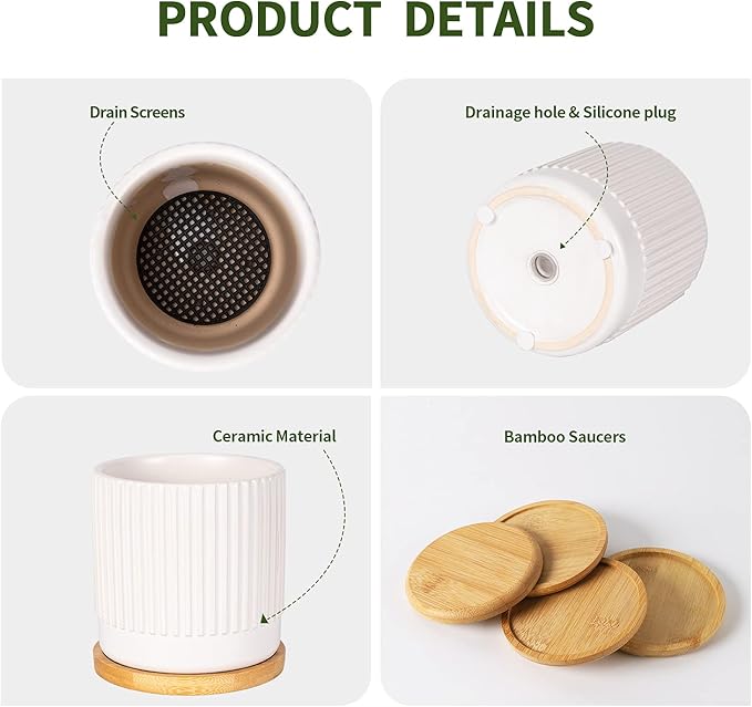 AOMRYOM 4.25 Inch Small Ceramic Plant Pots with Drainage Holes and Trays, Garden Flower Pots for Indoor Outdoor Plants, Succulents, Cactus and Herbs, White Stripe, Set of 4 (Plant Not Included)