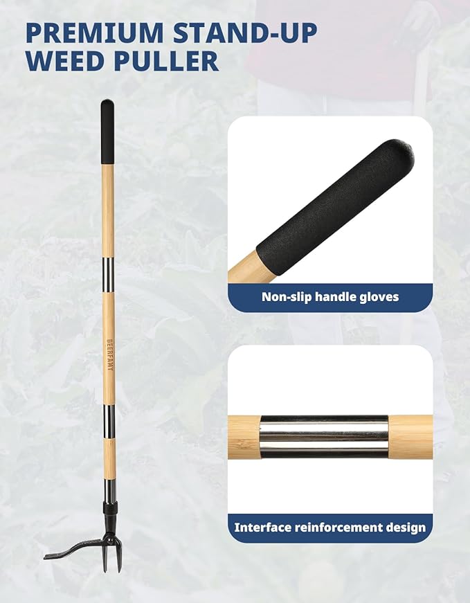 DEERFAMY Stand Up Weed Puller Tool with Long Handle, Manual Weeder with 3-Section Bamboo Construction & 4-Claw Steel Head Design, Gardening Hand Tool for Easy Weed Removal