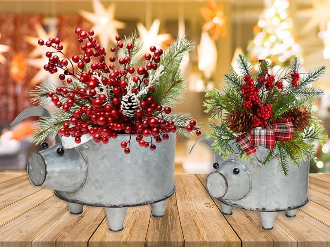 Galvanized Metal Pig Succulent Planter Farmhouse Pig Shaped Bowl Metal Pig Tray Rustic Decor Set of 2