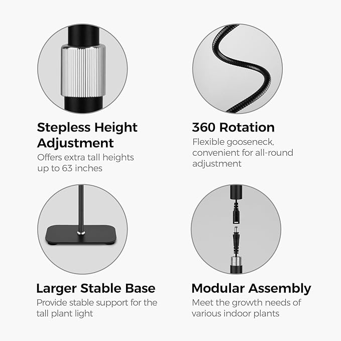 Grow Light for Indoor Plants Growing, 6000K Full Spectrum LED Growth Floor Lamp with 63in Height Extendable,10-Level Dimmable,Automatic Timer,Adjustable Gooseneck for Tall or Small Plant