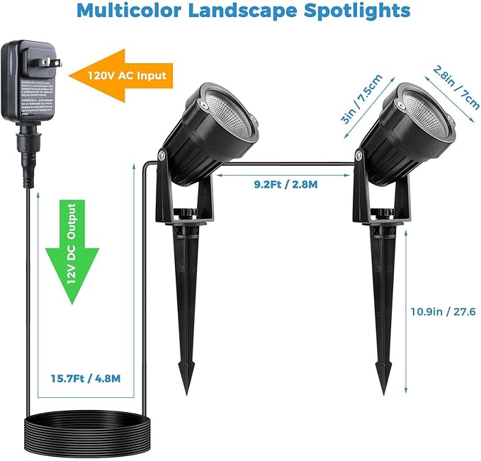 Yard Spot Lights, 10W Colored Spotlights Waterproof Memory Dimmable Remote Control with Timer Spiked Stand for Outdoor Landscape Lawn Garden Porch Pathway, 2 in Set