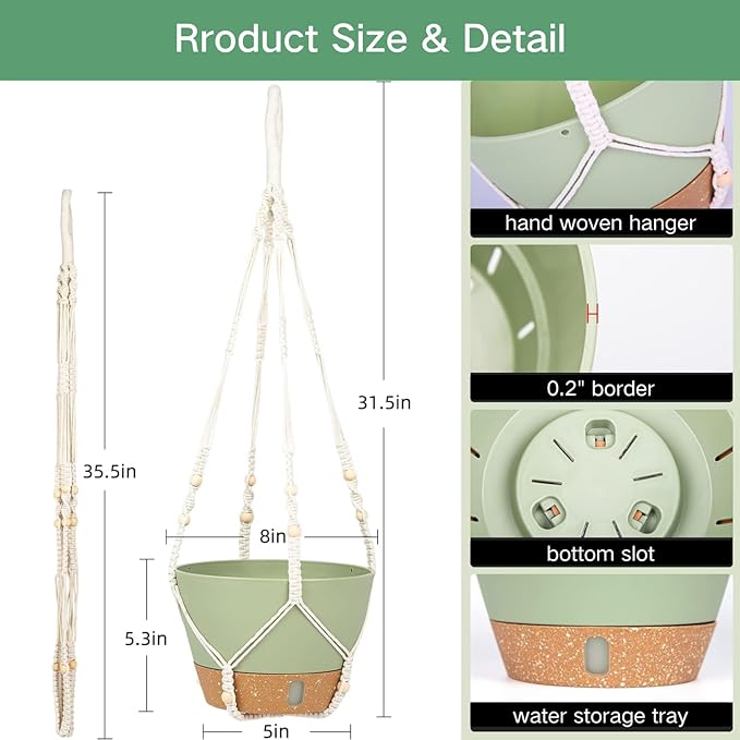 QCQHDU 2 Pack Hanging Planters for Indoor Plants, Outdoor Hanging Baskets, Self Watering Pots with Drainage Holes & Removable Tray (Green, 8 inch, Macrame Hanger)