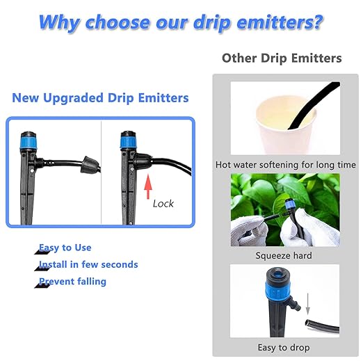 100Pcs Drip Irrigation Emitters with Lock, Adjustable 360 Degree Water Flow Irrigation Drippers for 1/4" Drip Irrigation Tubing, Micro Spray Drip System Parts for Garden Irrigation System